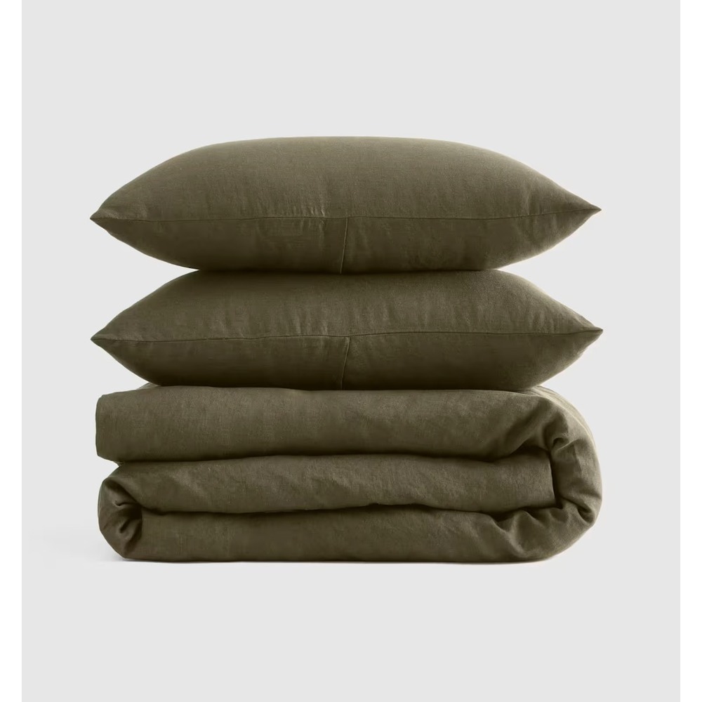 Quince European Linen Duvet Cover Set w/ Shams King/Cal King Dusty Olive Green